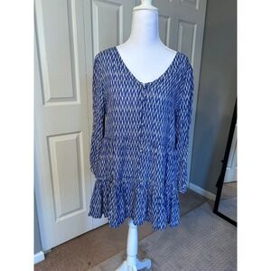 Maeve Medium Blue‎ White Tiered Ruffle V Neck Button Front Tunic Top Medium